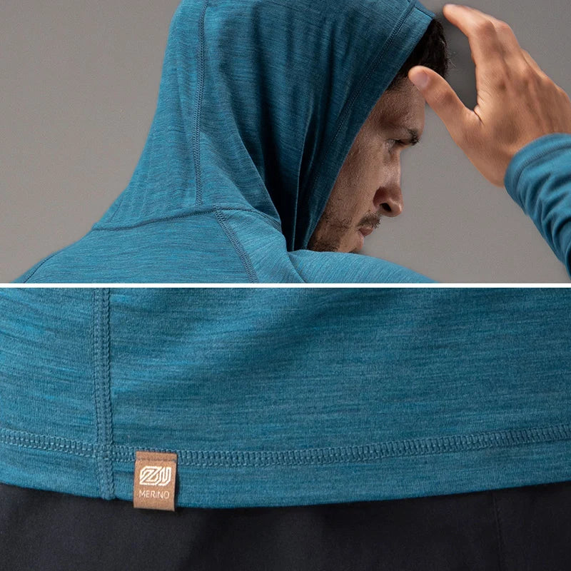 17.5 Micron Men‘s Long Sleeved Merino Wool Hoodie Shirt 150g